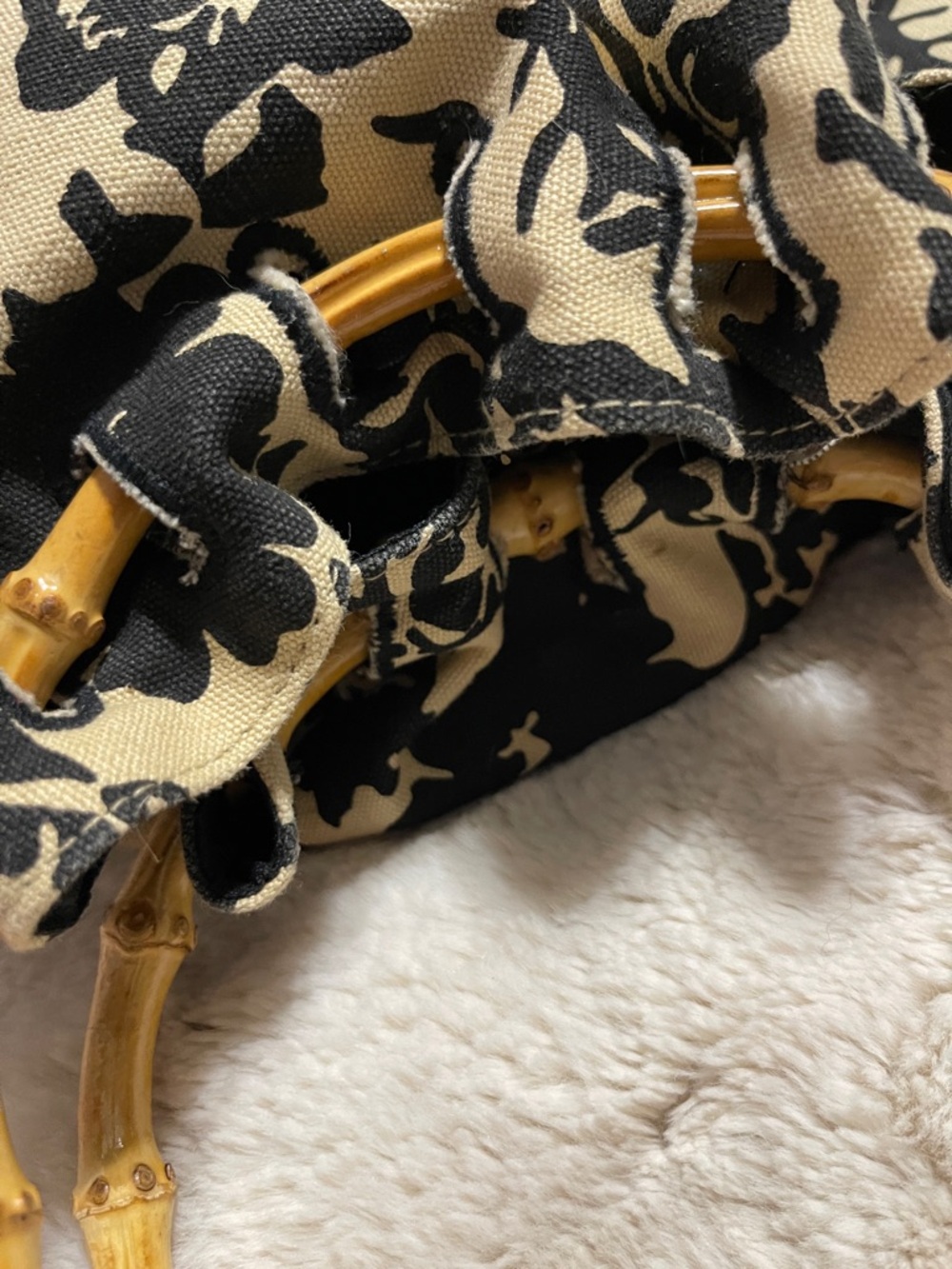 Black and Cream Floral Bamboo-Handle Shoulder Bag